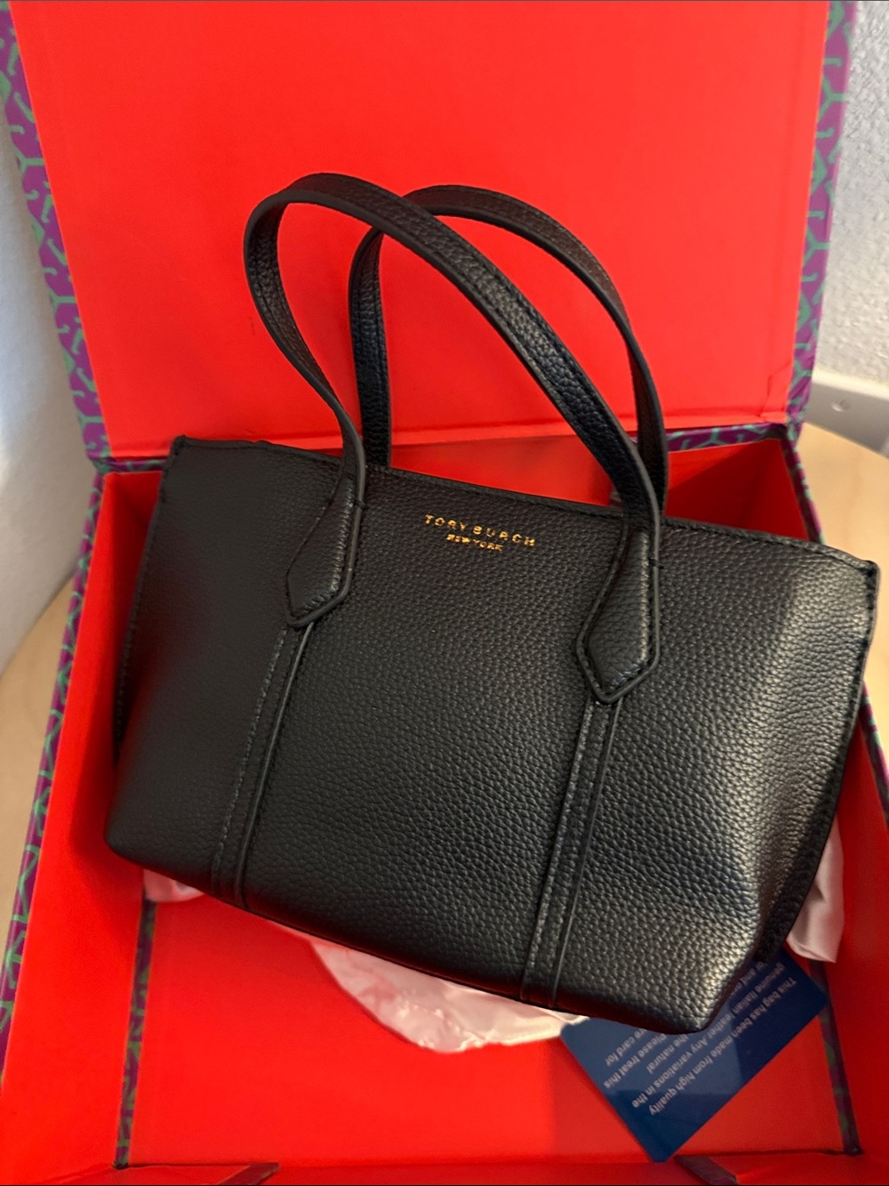 Tory Burch Black Pebbled Leather Top-Handle mini Tote with Gold Logo